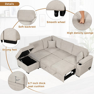 English Elm 84.75" Linen Sectional Sleeper Sofa with Storage Ottoman for Apartment Living SG000550AAA