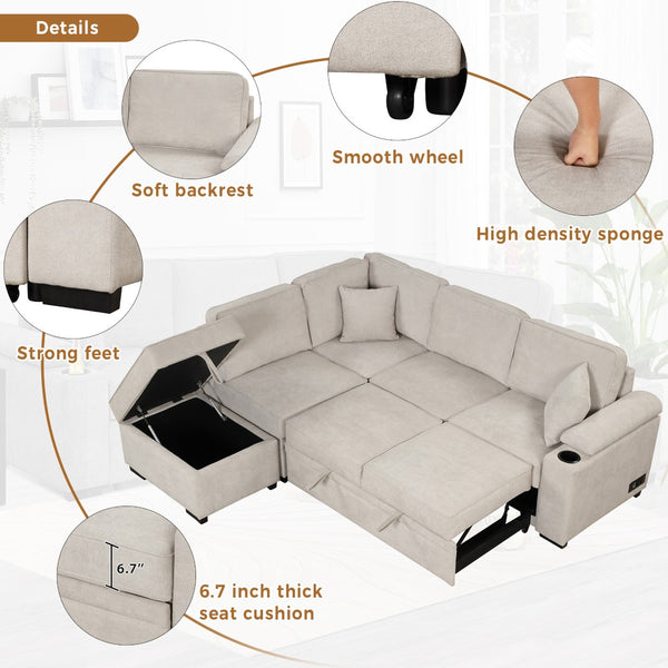 English Elm 84.75" Linen Sectional Sleeper Sofa with Storage Ottoman for Apartment Living SG000550AAA