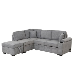 English Elm 84.75" Linen Sectional Sleeper Sofa with Storage Ottoman for Apartment Living SG000550AAE