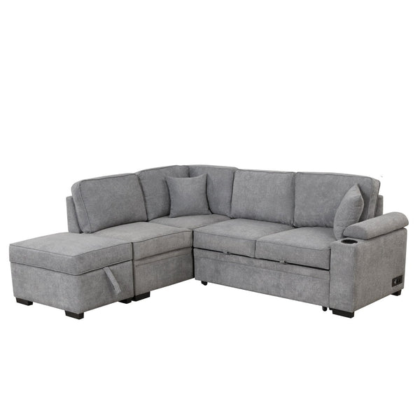 English Elm 84.75" Linen Sectional Sleeper Sofa with Storage Ottoman for Apartment Living SG000550AAE