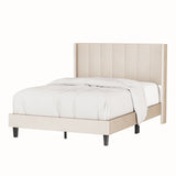 English Elm Velvet Upholstered Bed Frame With Vertical Channel Tufted Headboard,Modern Decorative Nailheads, Full Size Bed Frame Beige