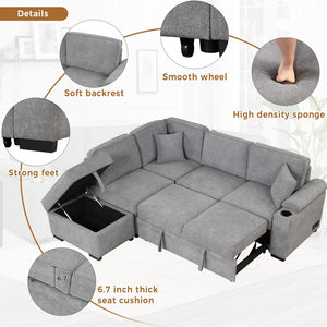 English Elm 84.75" Linen Sectional Sleeper Sofa with Storage Ottoman for Apartment Living SG000550AAE