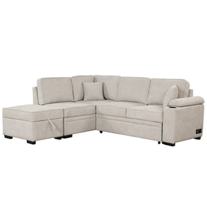 English Elm 84.75" Linen Sectional Sleeper Sofa with Storage Ottoman for Apartment Living SG000550AAA