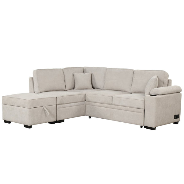 English Elm 84.75" Linen Sectional Sleeper Sofa with Storage Ottoman for Apartment Living SG000550AAA