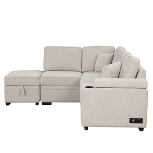 English Elm 84.75" Linen Sectional Sleeper Sofa with Storage Ottoman for Apartment Living SG000550AAA