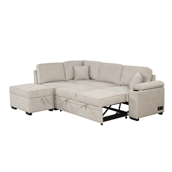 English Elm 84.75" Linen Sectional Sleeper Sofa with Storage Ottoman for Apartment Living SG000550AAA