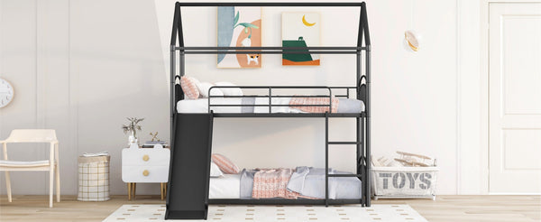 English Elm Twin Over Kids House Bunk Bed with Slide Powder Coated Metal Frame Black MF313919AAB