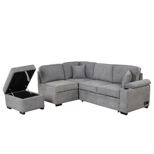 English Elm 84.75" Linen Sectional Sleeper Sofa with Storage Ottoman for Apartment Living SG000550AAE