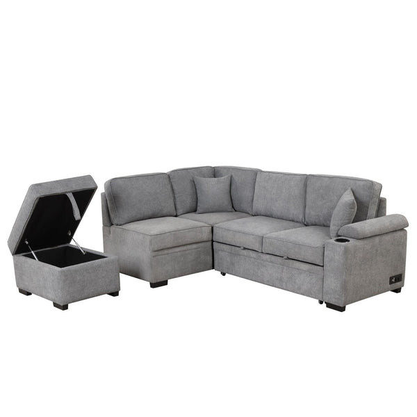 English Elm 84.75" Linen Sectional Sleeper Sofa with Storage Ottoman for Apartment Living SG000550AAE