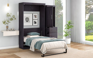 English Elm Twin Murphy Bed with Wardrobe & Drawers, Gray Folding Space-Saving Cabinet Bed, Durable MDF/Metal Storage GX002002AAE