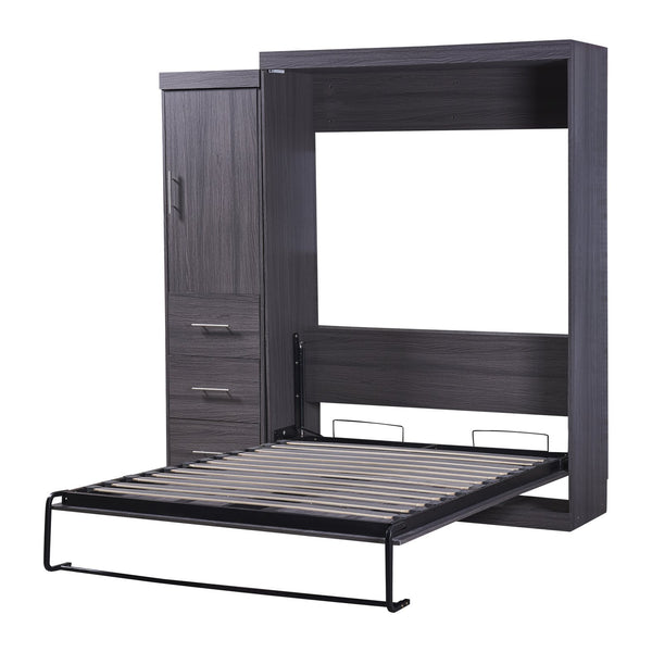 English Elm Full Murphy Bed with Wardrobe and Drawers, Gray Space-Saving Foldable Storage Bed for Guests, Multi-Functional Cabinet Wall Unit GX002001AAE