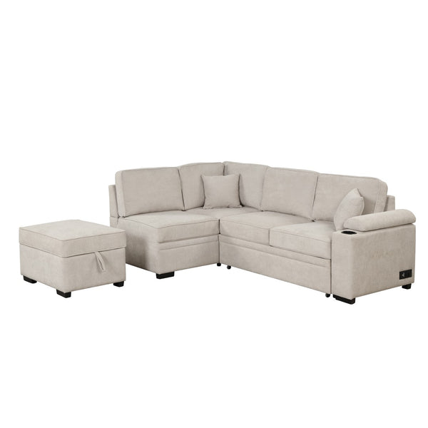 English Elm 84.75" Linen Sectional Sleeper Sofa with Storage Ottoman for Apartment Living SG000550AAA