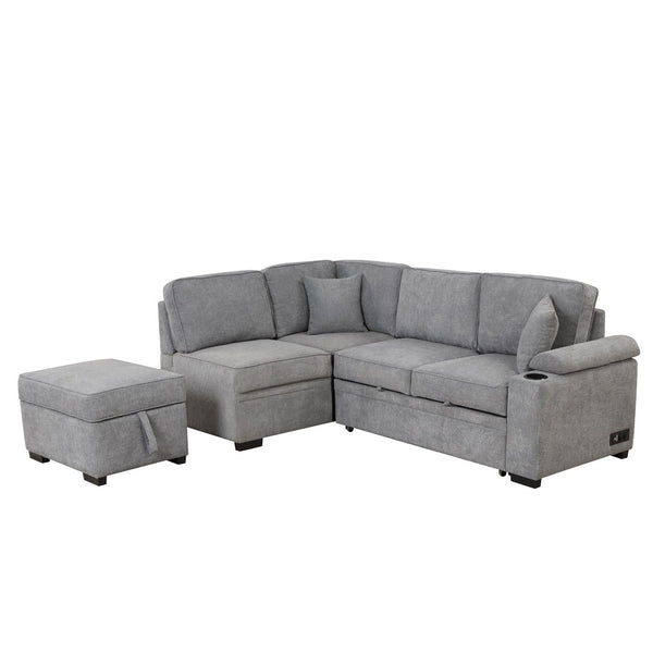 English Elm 84.75" Linen Sectional Sleeper Sofa with Storage Ottoman for Apartment Living SG000550AAE