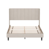 English Elm Queen Bed Frame/Velvet Upholstered Bed Frame With Vertical Channel Tufted Headboard Beige