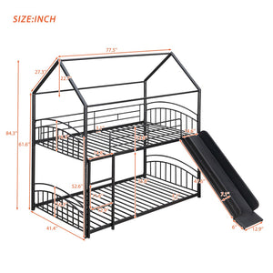 English Elm Twin Over Kids House Bunk Bed with Slide Powder Coated Metal Frame Black MF313919AAB