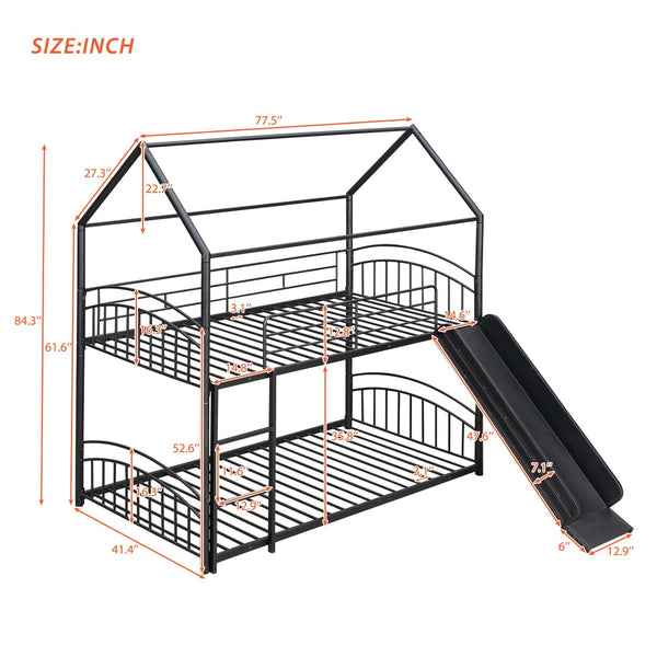 English Elm Twin Over Kids House Bunk Bed with Slide Powder Coated Metal Frame Black MF313919AAB