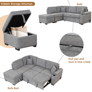 English Elm 84.75" Linen Sectional Sleeper Sofa with Storage Ottoman for Apartment Living SG000550AAE