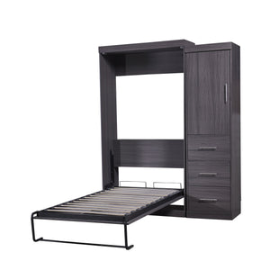 English Elm Twin Murphy Bed with Wardrobe & Drawers, Gray Folding Space-Saving Cabinet Bed, Durable MDF/Metal Storage GX002002AAE