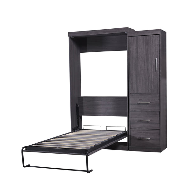 English Elm Twin Murphy Bed with Wardrobe & Drawers, Gray Folding Space-Saving Cabinet Bed, Durable MDF/Metal Storage GX002002AAE