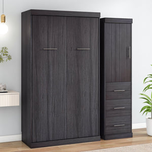 English Elm Twin Murphy Bed with Wardrobe & Drawers, Gray Folding Space-Saving Cabinet Bed, Durable MDF/Metal Storage GX002002AAE