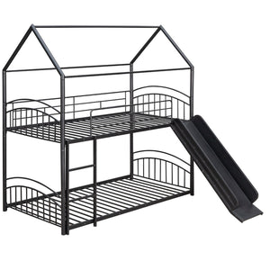 English Elm Twin Over Kids House Bunk Bed with Slide Powder Coated Metal Frame Black MF313919AAB