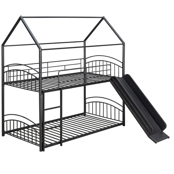 English Elm Twin Over Kids House Bunk Bed with Slide Powder Coated Metal Frame Black MF313919AAB