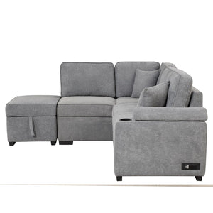 English Elm 84.75" Linen Sectional Sleeper Sofa with Storage Ottoman for Apartment Living SG000550AAE