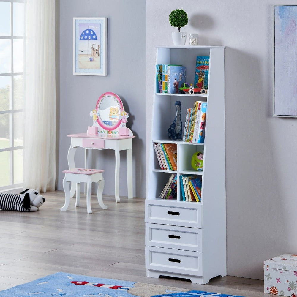 English Elm Kids White Mdf Bookcase with Hand Carved Detail Open Shelves and Drawers for Playroom B05367943