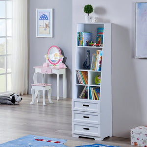 English Elm Kids White Mdf Bookcase with Hand Carved Detail Open Shelves and Drawers for Playroom B05367943