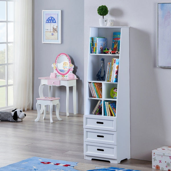 English Elm Kids White Mdf Bookcase with Hand Carved Detail Open Shelves and Drawers for Playroom B05367943