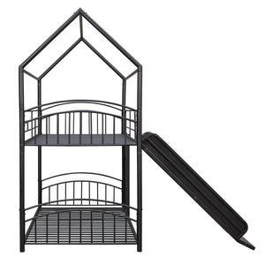 English Elm Twin Over Kids House Bunk Bed with Slide Powder Coated Metal Frame Black MF313919AAB