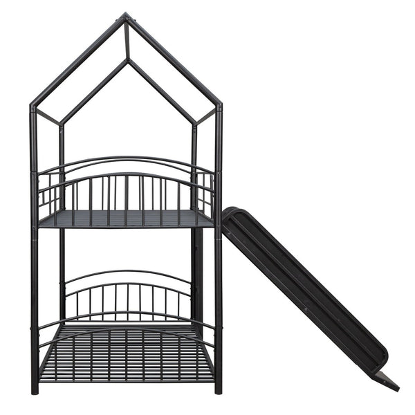 English Elm Twin Over Kids House Bunk Bed with Slide Powder Coated Metal Frame Black MF313919AAB