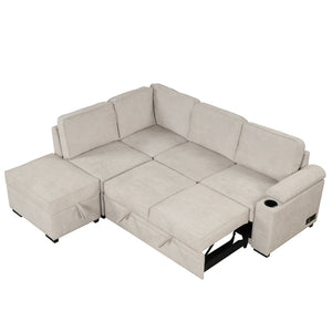 English Elm 84.75" Linen Sectional Sleeper Sofa with Storage Ottoman for Apartment Living SG000550AAA