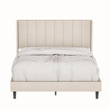 English Elm Queen Bed Frame/Velvet Upholstered Bed Frame With Vertical Channel Tufted Headboard Beige