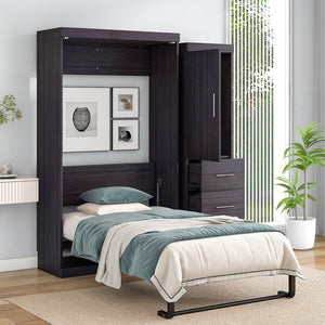 English Elm Twin Murphy Bed with Wardrobe & Drawers, Gray Folding Space-Saving Cabinet Bed, Durable MDF/Metal Storage GX002002AAE