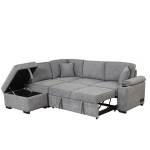 English Elm 84.75" Linen Sectional Sleeper Sofa with Storage Ottoman for Apartment Living SG000550AAE