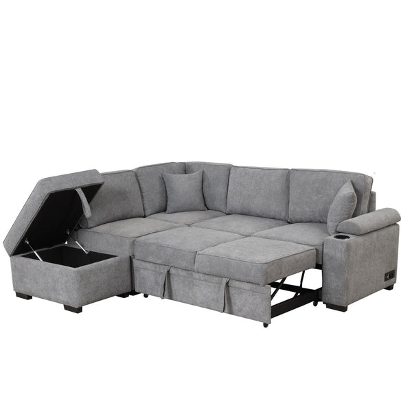 English Elm 84.75" Linen Sectional Sleeper Sofa with Storage Ottoman for Apartment Living SG000550AAE