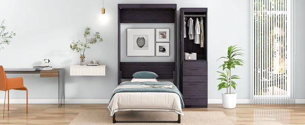 English Elm Twin Murphy Bed with Wardrobe & Drawers, Gray Folding Space-Saving Cabinet Bed, Durable MDF/Metal Storage GX002002AAE