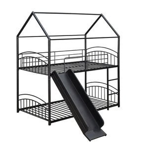 English Elm Twin Over Kids House Bunk Bed with Slide Powder Coated Metal Frame Black MF313919AAB