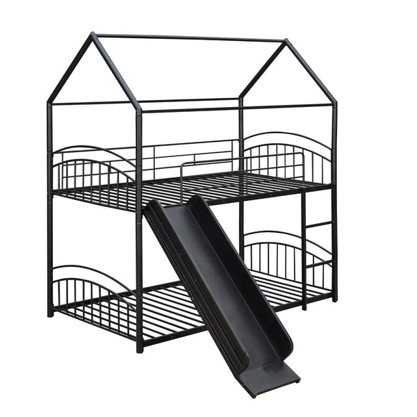 English Elm Twin Over Kids House Bunk Bed with Slide Powder Coated Metal Frame Black MF313919AAB