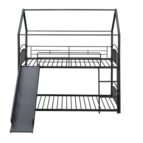English Elm Twin Over Kids House Bunk Bed with Slide Powder Coated Metal Frame Black MF313919AAB