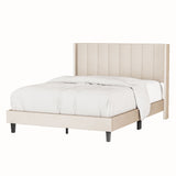 English Elm Queen Bed Frame/Velvet Upholstered Bed Frame With Vertical Channel Tufted Headboard Beige