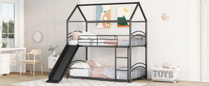 English Elm Twin Over Kids House Bunk Bed with Slide Powder Coated Metal Frame Black MF313919AAB