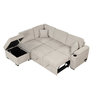 English Elm 84.75" Linen Sectional Sleeper Sofa with Storage Ottoman for Apartment Living SG000550AAA