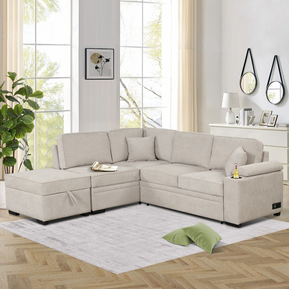 English Elm 84.75" Linen Sectional Sleeper Sofa with Storage Ottoman for Apartment Living SG000550AAA