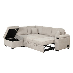English Elm 84.75" Linen Sectional Sleeper Sofa with Storage Ottoman for Apartment Living SG000550AAA