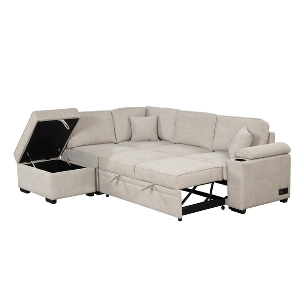 English Elm 84.75" Linen Sectional Sleeper Sofa with Storage Ottoman for Apartment Living SG000550AAA