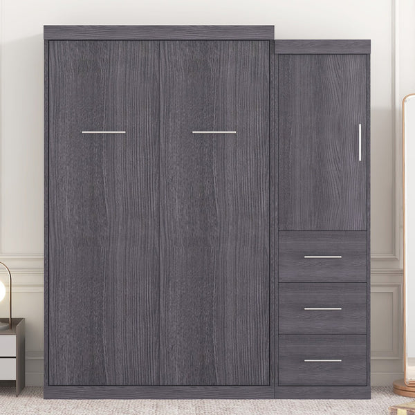 English Elm Twin Murphy Bed with Wardrobe & Drawers, Gray Folding Space-Saving Cabinet Bed, Durable MDF/Metal Storage GX002002AAE