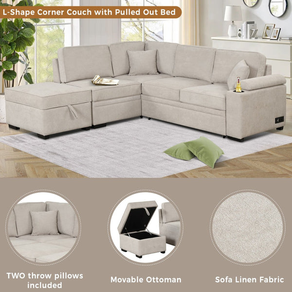 English Elm 84.75" Linen Sectional Sleeper Sofa with Storage Ottoman for Apartment Living SG000550AAA