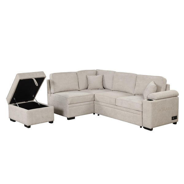 English Elm 84.75" Linen Sectional Sleeper Sofa with Storage Ottoman for Apartment Living SG000550AAA